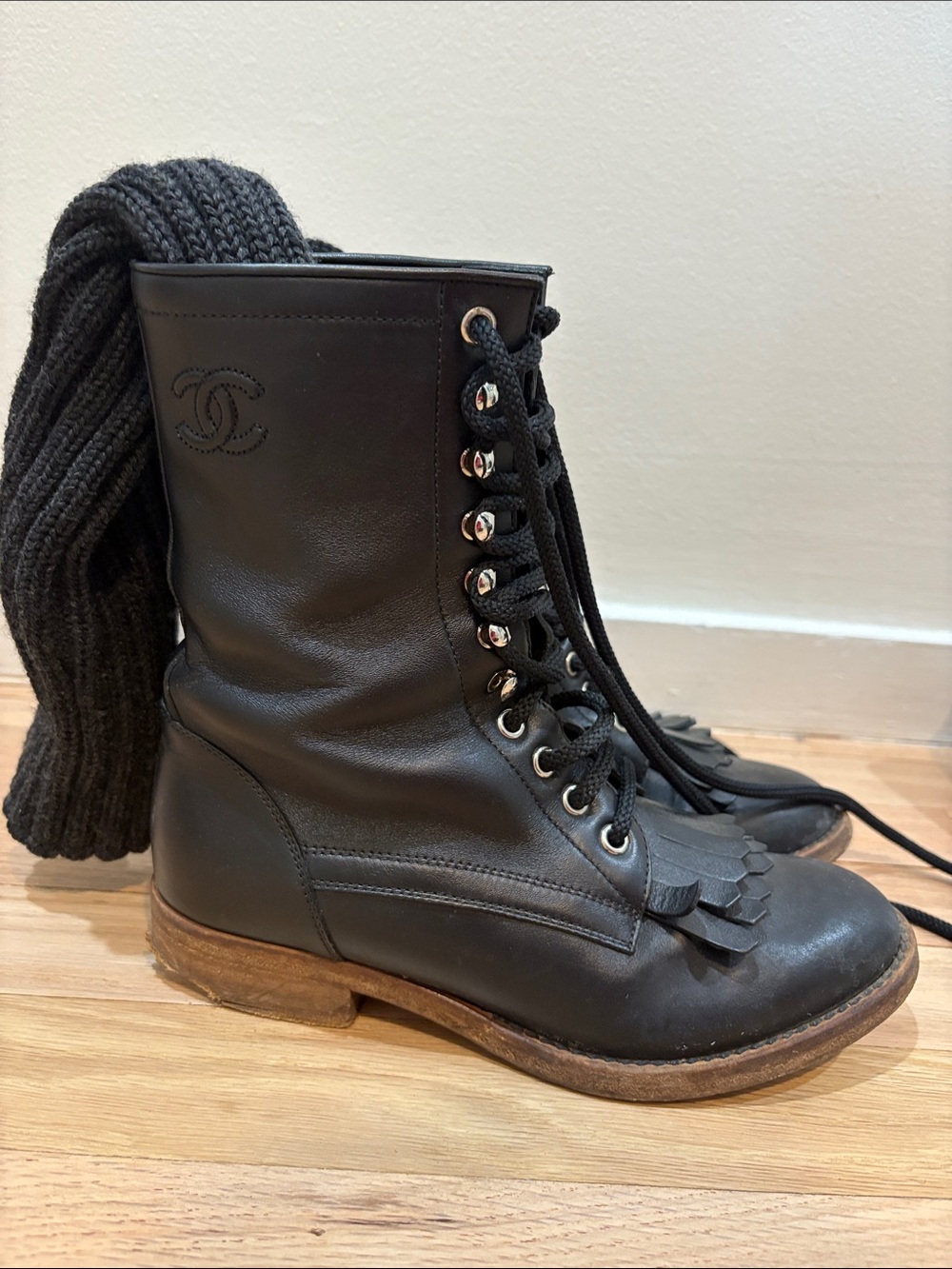 CHANEL Black Leather Lace-Up Combat Boots with Tassel Fringe - Picture 1 of 3